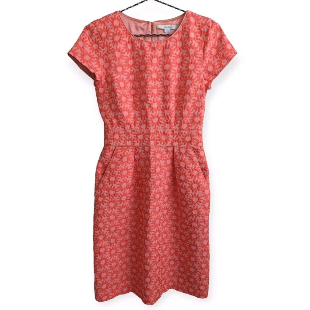 Boden Daisy Jacquard Dress Sheath Pockets Orange Floral Workcore Short Sleeve 2